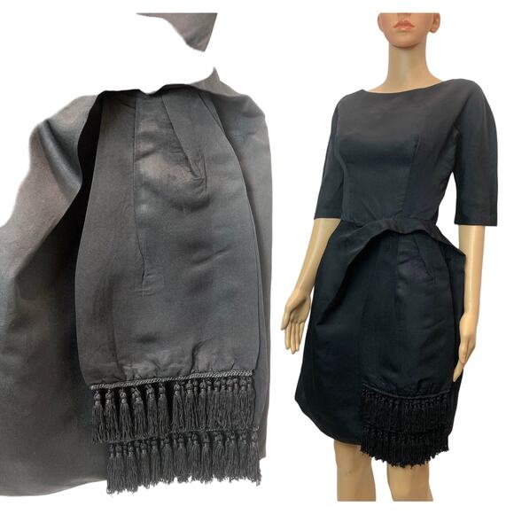 60s Black Cocktail Dress | Mid Century MOD Sash Fringe Accent  XS - Picture 5 of 9